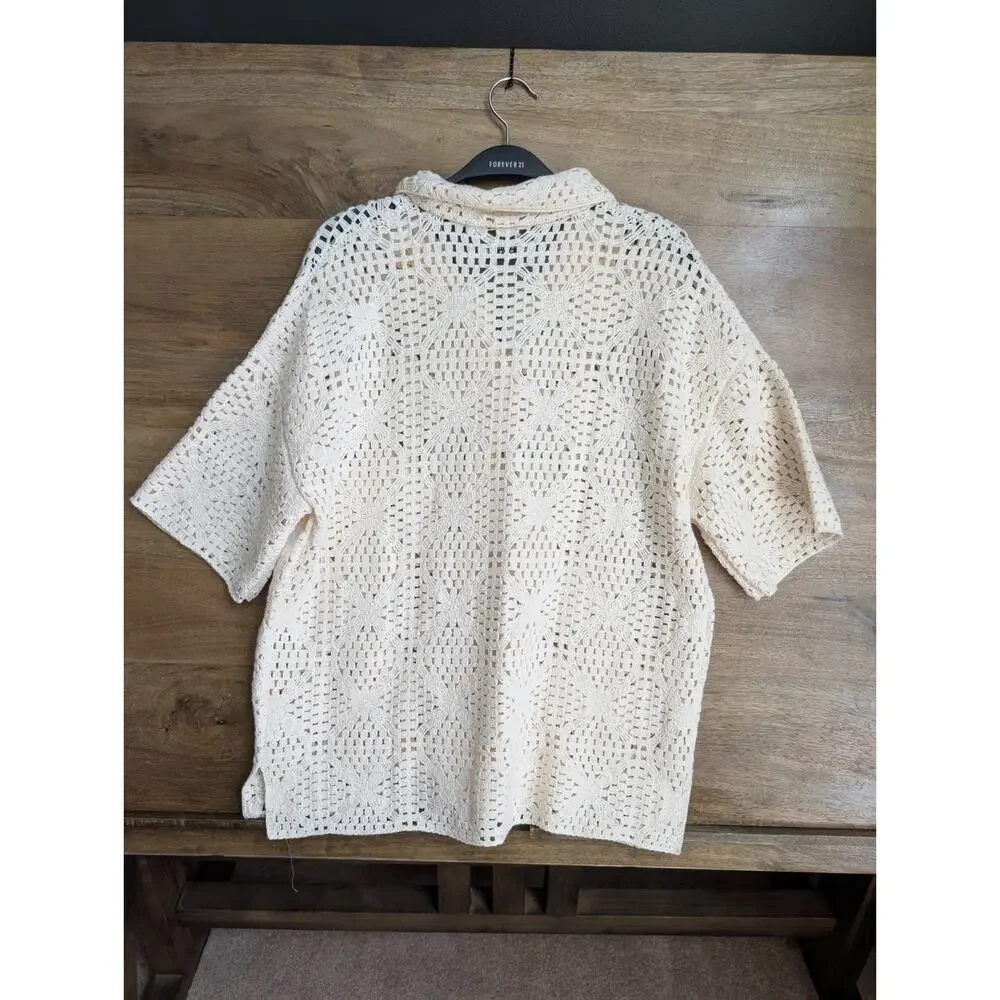Allsaints Milly Open Knit 2-Piece Pajama Set Womens XS Ecru White Short Sleeve